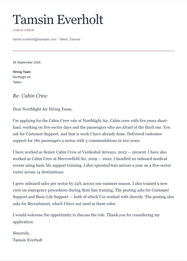 The finished cover letter in the letter builder in the Editorial design: sender block, date, recipient block, subject line, salutation, four paragraphs and a sign-off