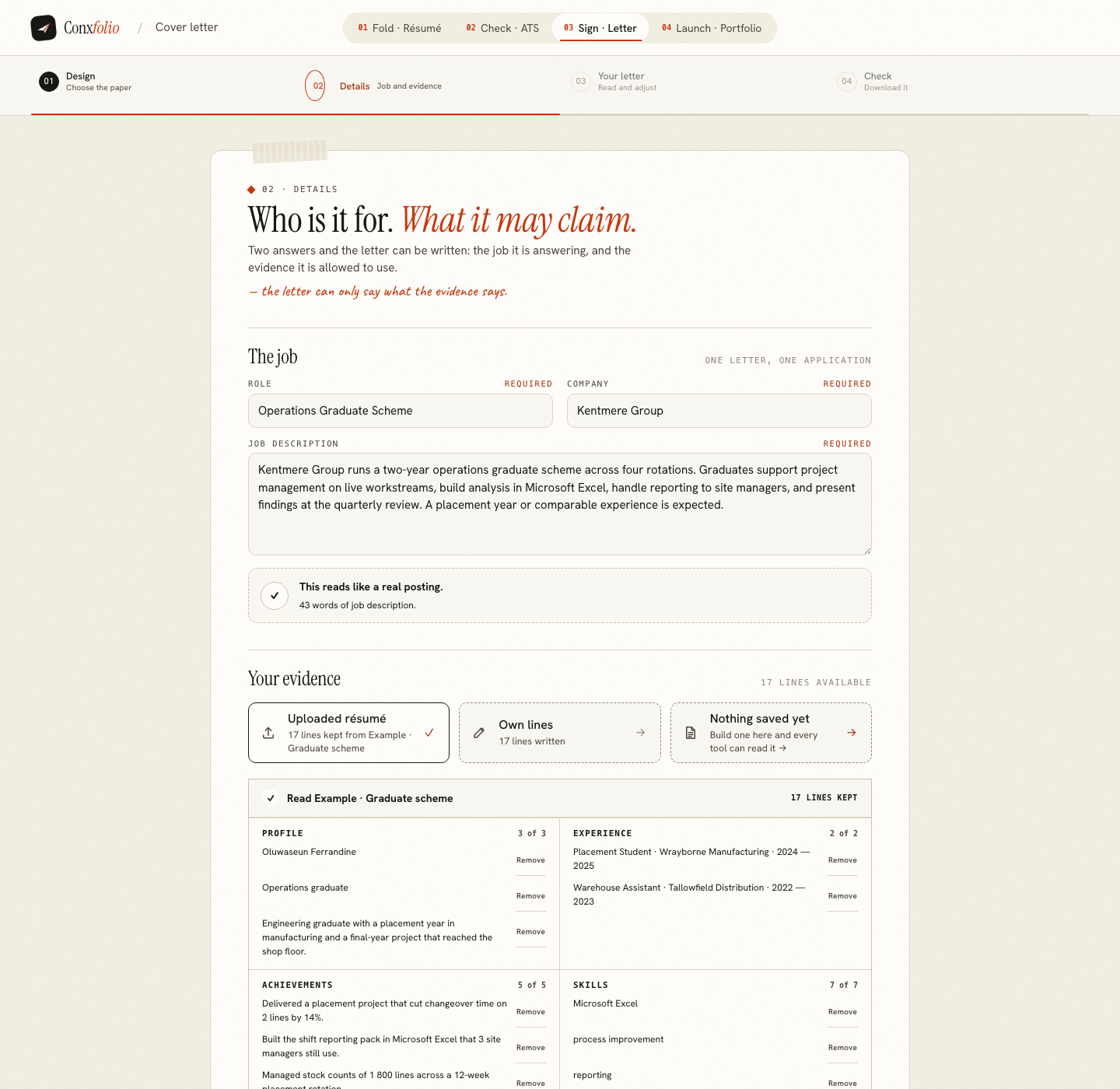 The Conxfolio cover letter builder on step 02 Details, opened by this page's own door, with the role Operations Graduate Scheme, the company Kentmere Group, the posting and the four evidence groups loaded