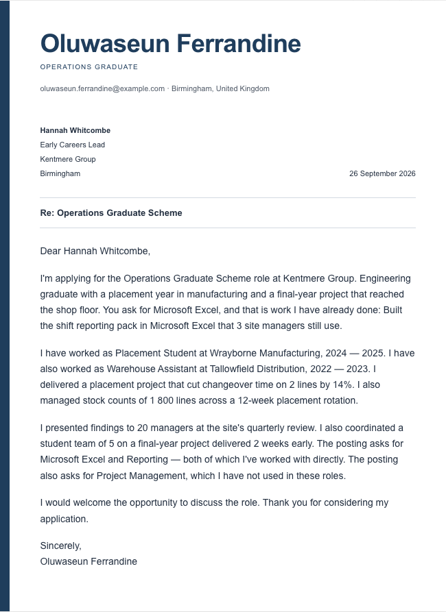 The finished cover letter in the letter builder in the Signal design: sender block, date, recipient block, subject line, salutation, four paragraphs and a sign-off