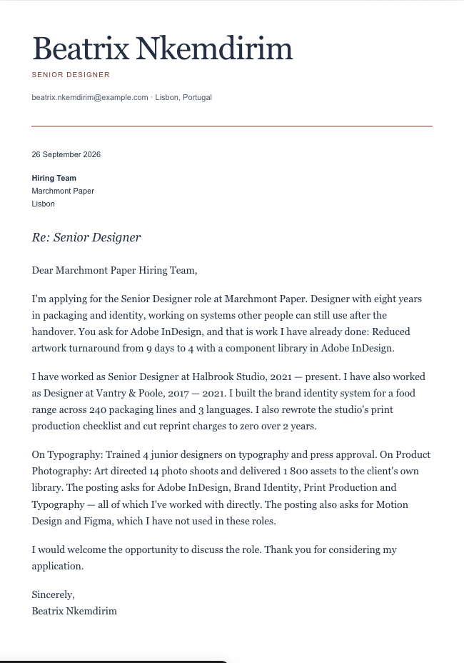The finished cover letter in the letter builder in the Editorial design: sender block, date, recipient block, subject line, salutation, four paragraphs and a sign-off