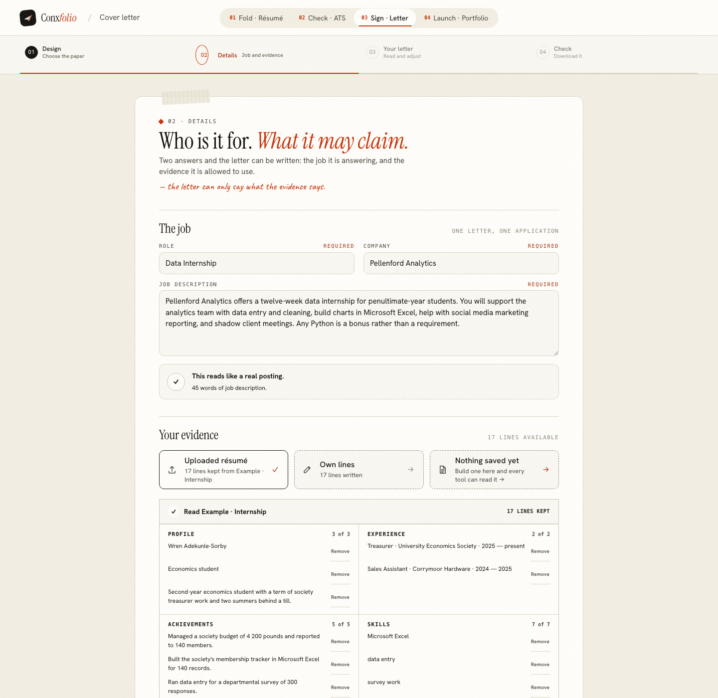 The Conxfolio cover letter builder on step 02 Details, opened by this page's own door, with the role Data Internship, the company Pellenford Analytics, the posting and the four evidence groups loaded