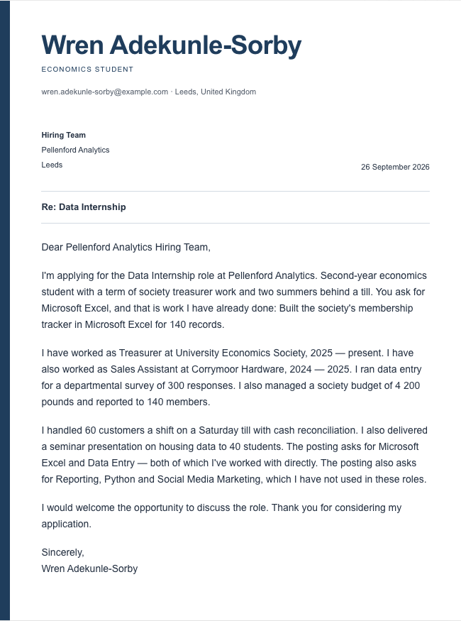 The finished cover letter in the letter builder in the Signal design: sender block, date, recipient block, subject line, salutation, four paragraphs and a sign-off