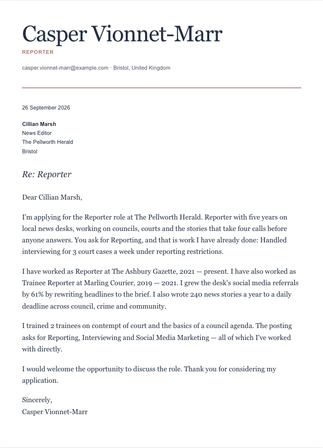The finished cover letter in the letter builder in the Editorial design: sender block, date, recipient block, subject line, salutation, four paragraphs and a sign-off