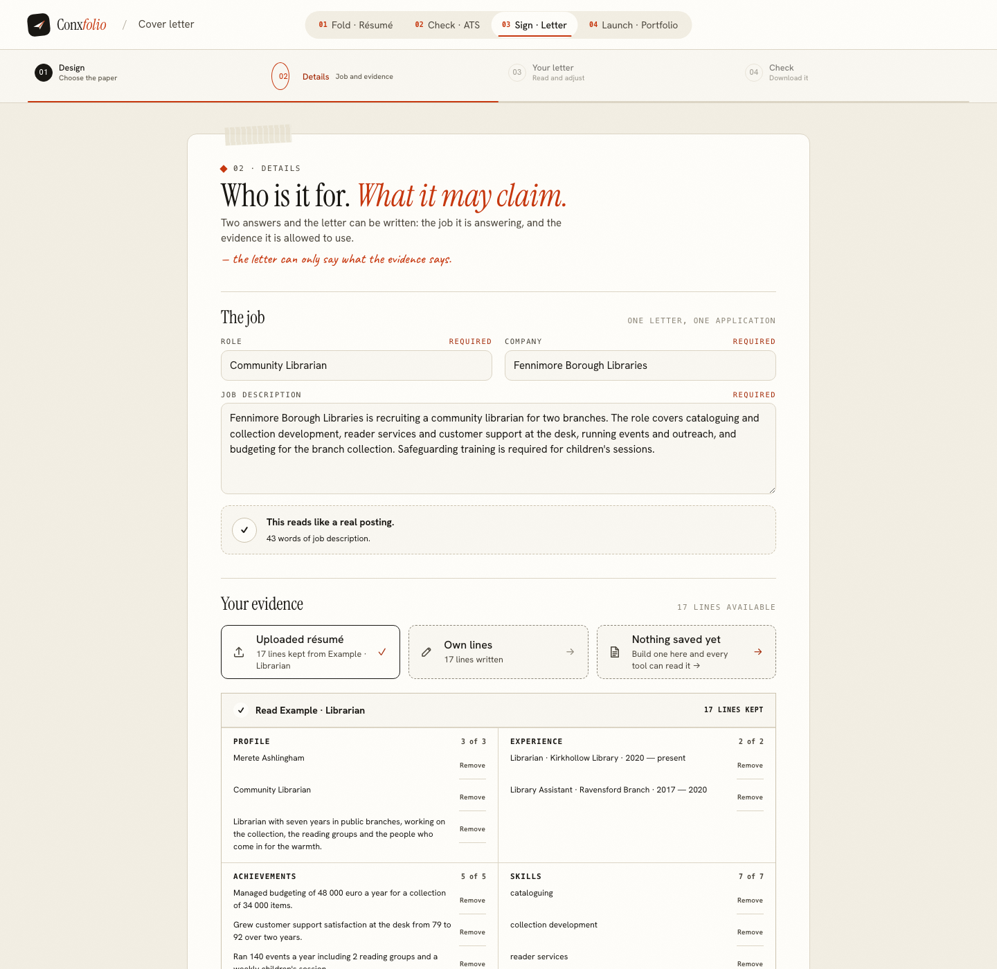 The Conxfolio cover letter builder on step 02 Details, opened by this page's own door, with the role Community Librarian, the company Fennimore Borough Libraries, the posting and the four evidence groups loaded