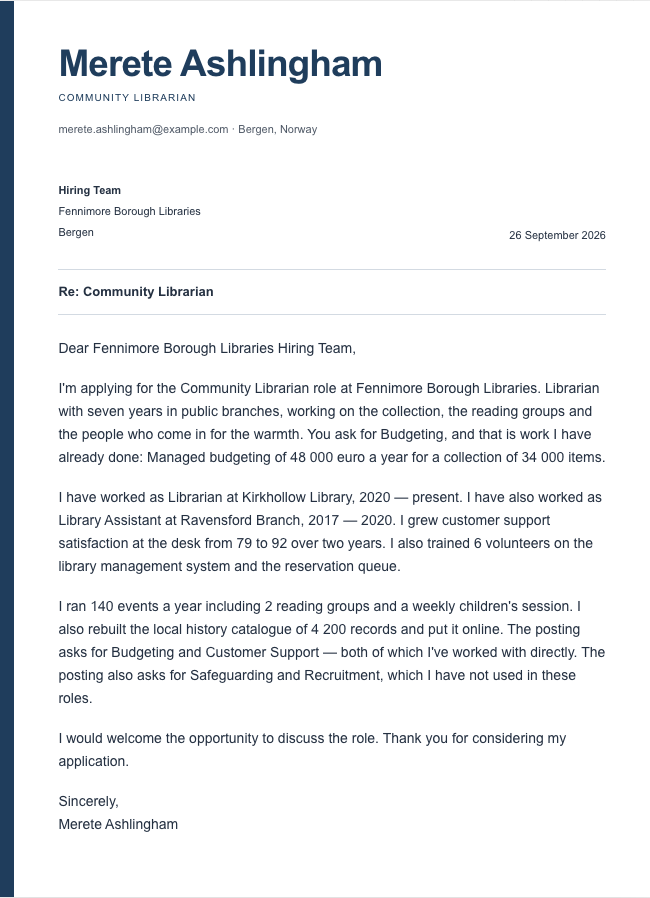 The finished cover letter in the letter builder in the Signal design: sender block, date, recipient block, subject line, salutation, four paragraphs and a sign-off