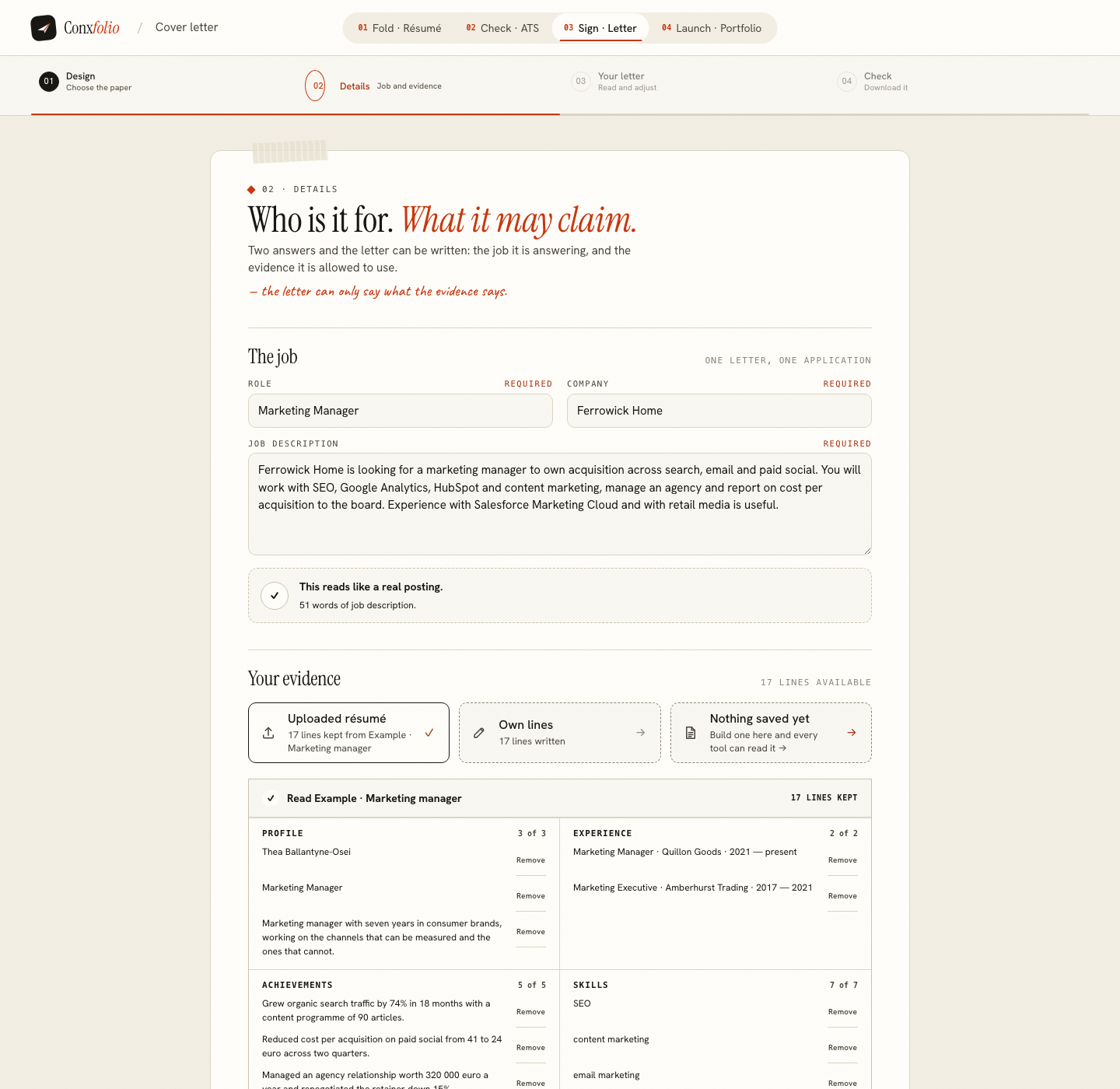 The Conxfolio cover letter builder on step 02 Details, opened by this page's own door, with the role Marketing Manager, the company Ferrowick Home, the posting and the four evidence groups loaded