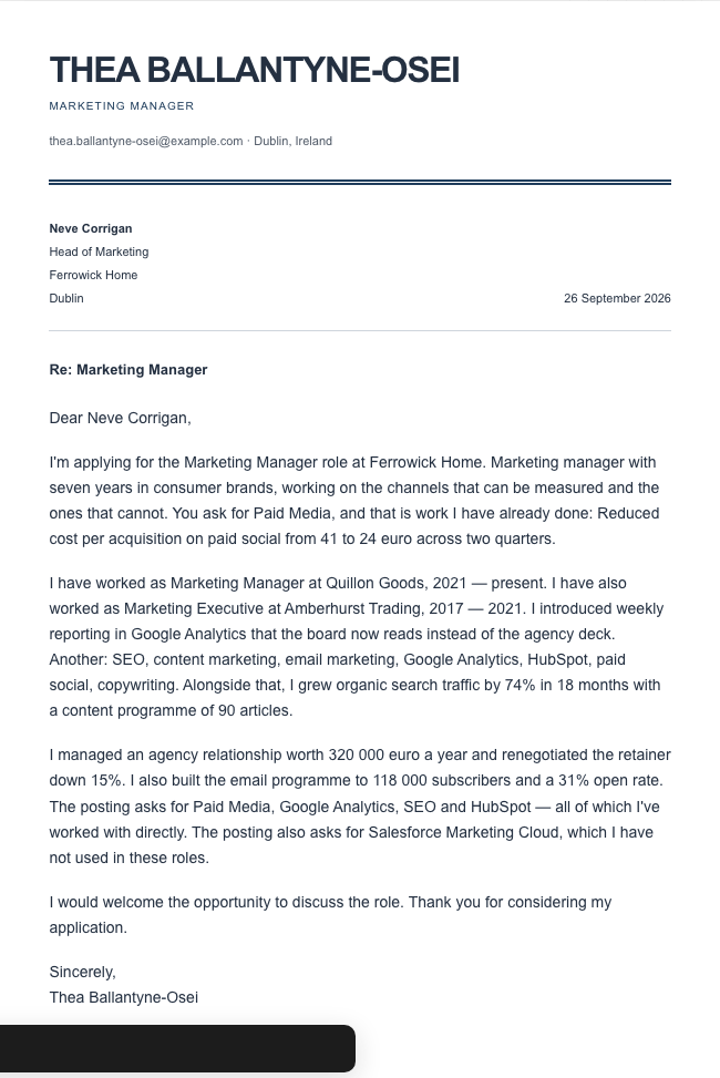 The finished cover letter in the letter builder in the Ledger design: sender block, date, recipient block, subject line, salutation, four paragraphs and a sign-off