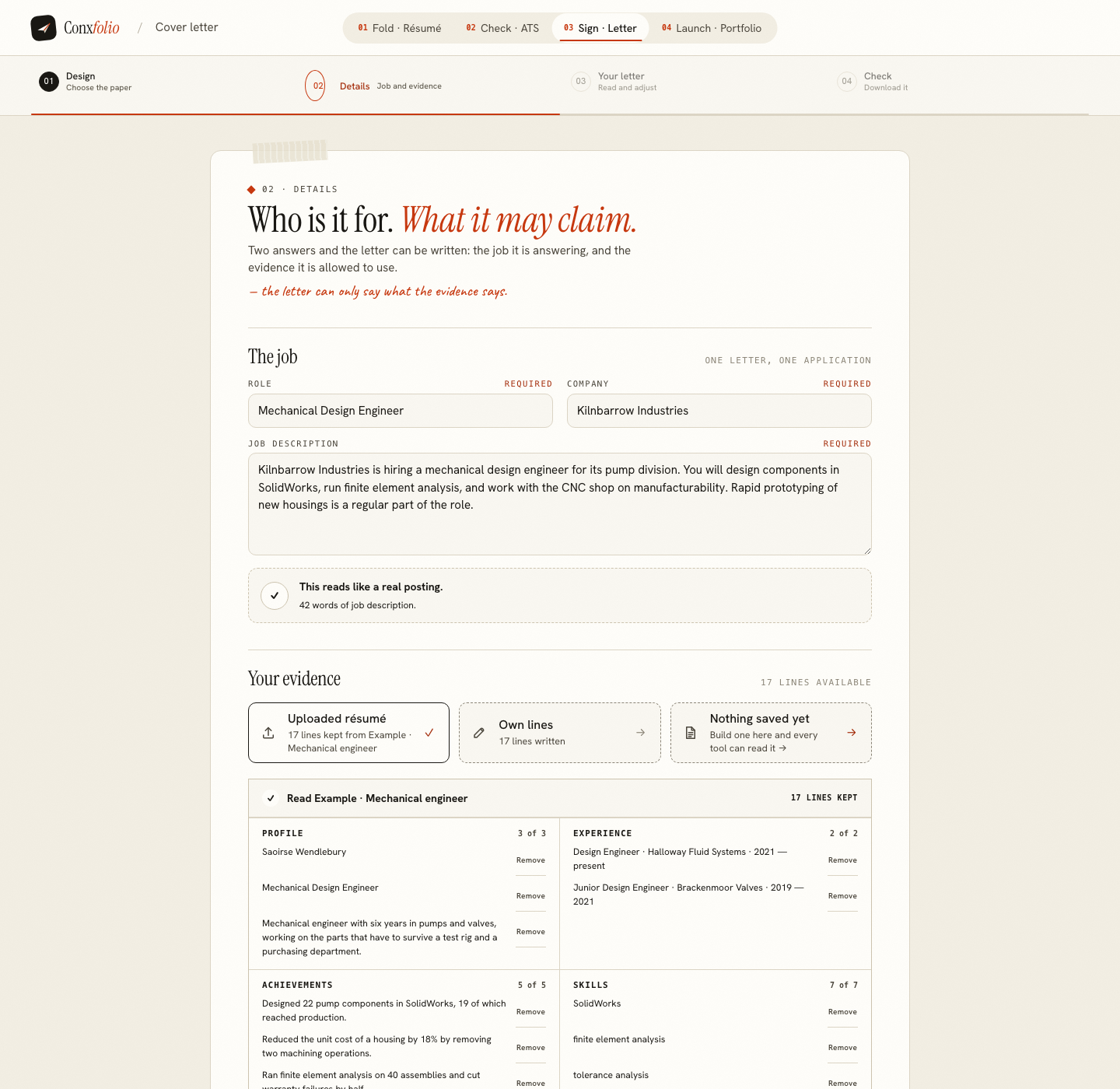 The Conxfolio cover letter builder on step 02 Details, opened by this page's own door, with the role Mechanical Design Engineer, the company Kilnbarrow Industries, the posting and the four evidence groups loaded