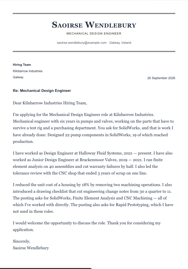 The finished cover letter in the letter builder in the Academic design: sender block, date, recipient block, subject line, salutation, four paragraphs and a sign-off
