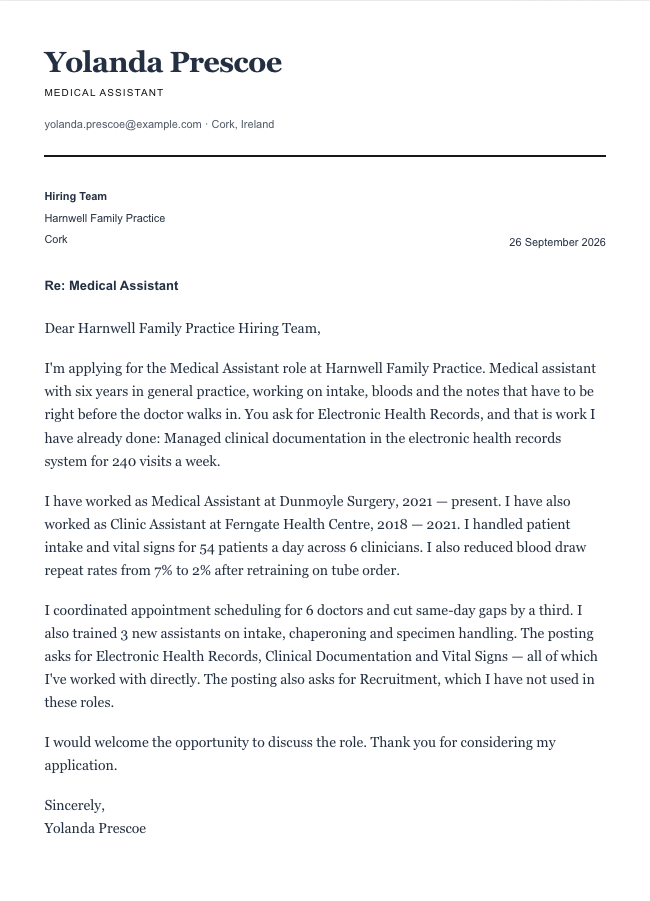 The finished cover letter in the letter builder in the Classic design: sender block, date, recipient block, subject line, salutation, four paragraphs and a sign-off