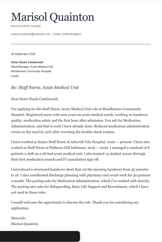 The finished cover letter in the letter builder in the Editorial design: sender block, date, recipient block, subject line, salutation, four paragraphs and a sign-off