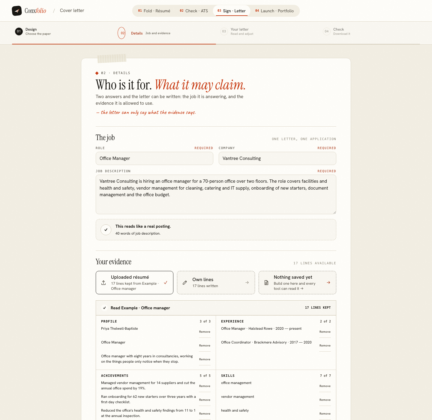 The Conxfolio cover letter builder on step 02 Details, opened by this page's own door, with the role Office Manager, the company Vantree Consulting, the posting and the four evidence groups loaded