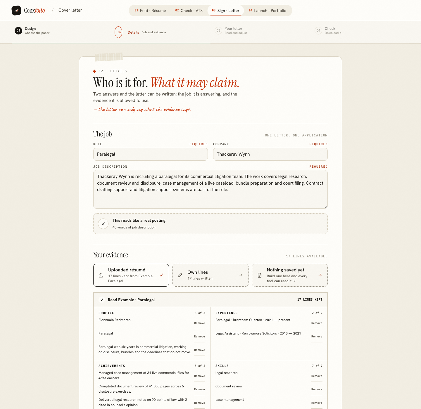 The Conxfolio cover letter builder on step 02 Details, opened by this page's own door, with the role Paralegal, the company Thackeray Wynn, the posting and the four evidence groups loaded