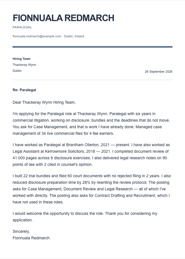 The finished cover letter in the letter builder in the Ledger design: sender block, date, recipient block, subject line, salutation, four paragraphs and a sign-off