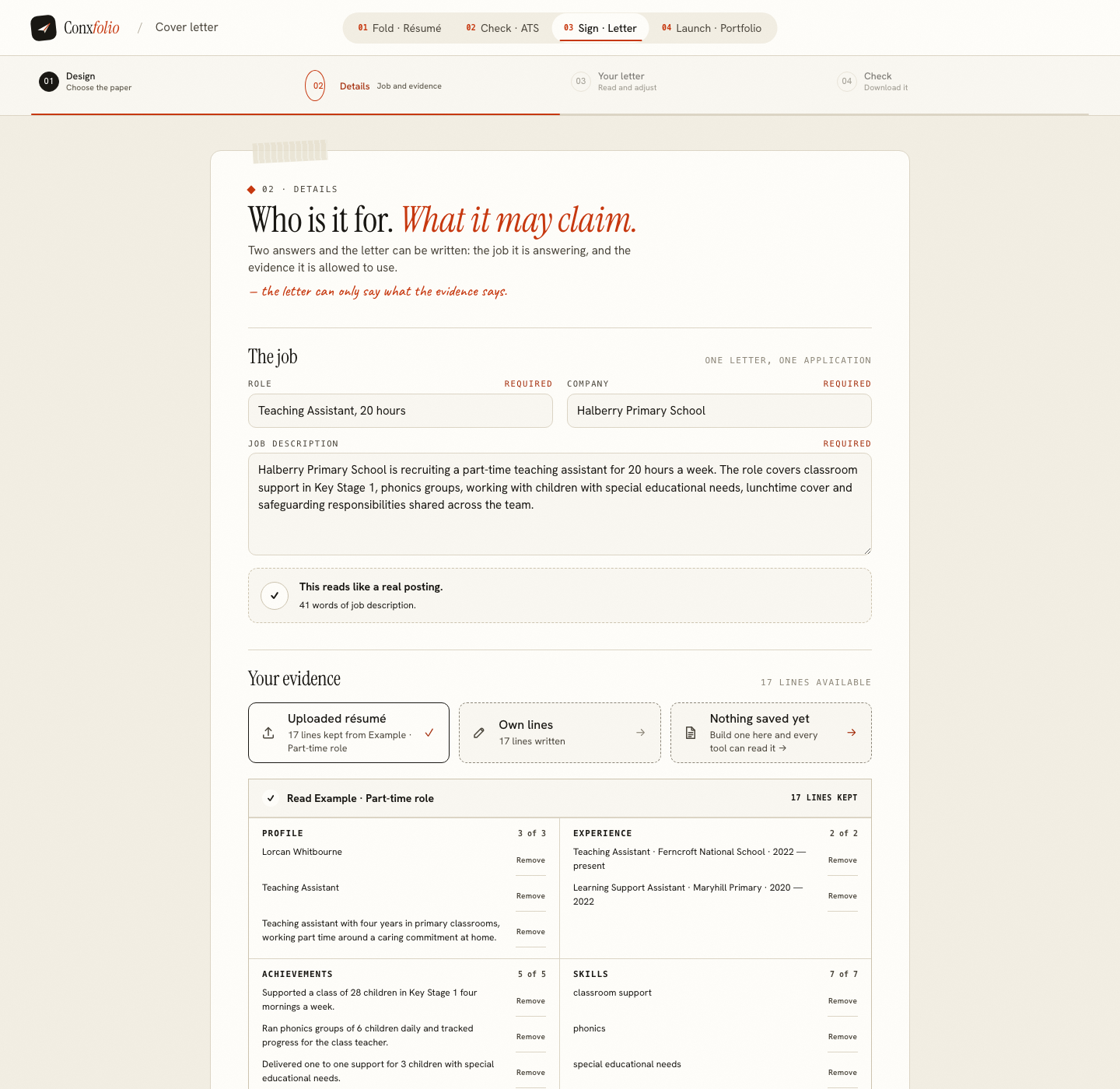 The Conxfolio cover letter builder on step 02 Details, opened by this page's own door, with the role Teaching Assistant, 20 hours, the company Halberry Primary School, the posting and the four evidence groups loaded
