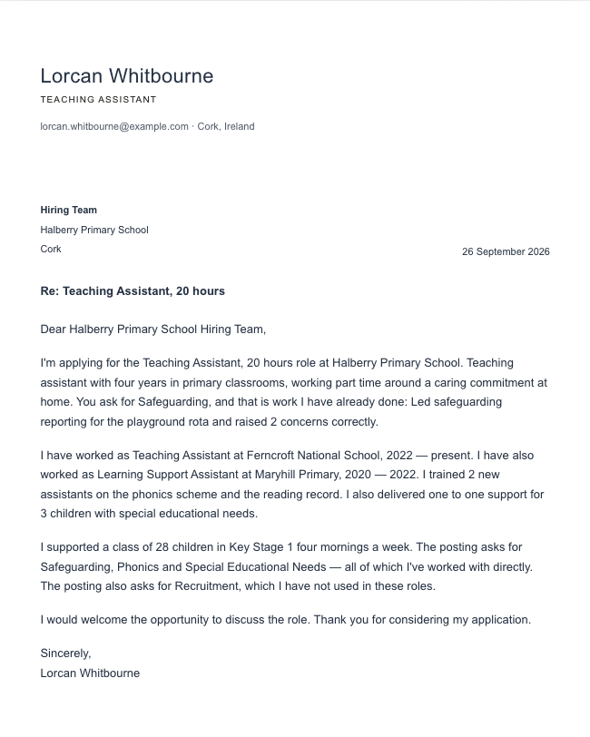 The finished cover letter in the letter builder in the Minimal design: sender block, date, recipient block, subject line, salutation, four paragraphs and a sign-off