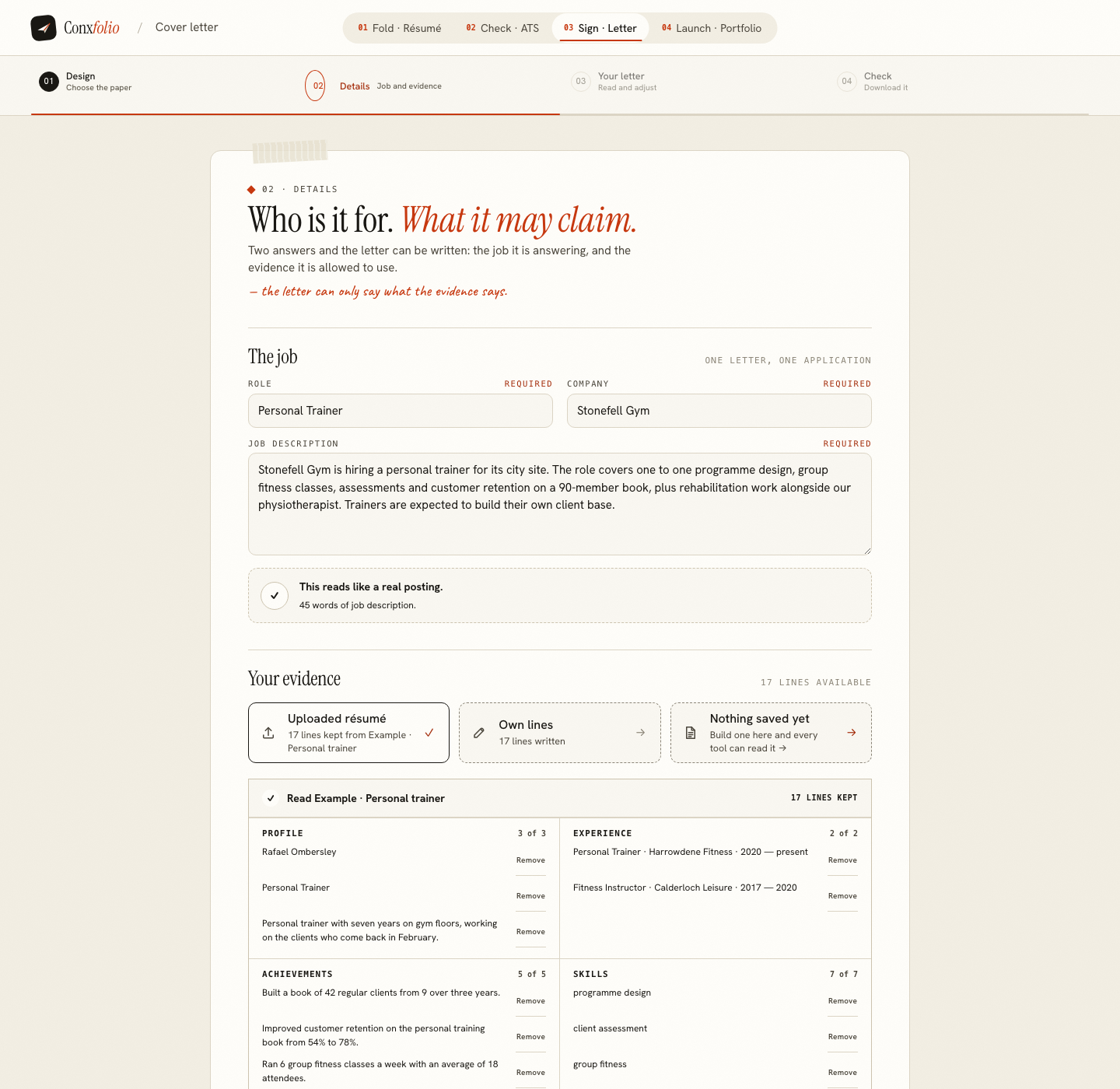 The Conxfolio cover letter builder on step 02 Details, opened by this page's own door, with the role Personal Trainer, the company Stonefell Gym, the posting and the four evidence groups loaded