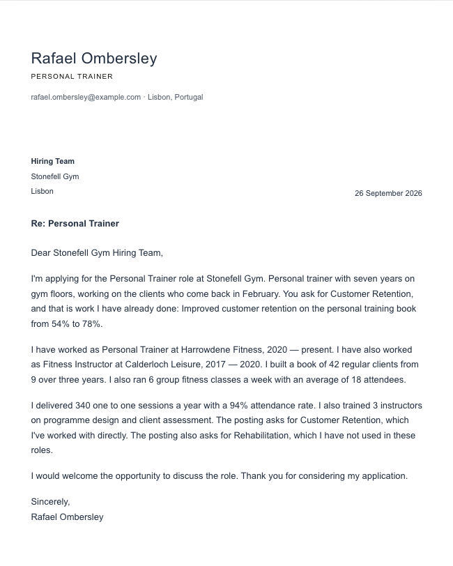 The finished cover letter in the letter builder in the Minimal design: sender block, date, recipient block, subject line, salutation, four paragraphs and a sign-off