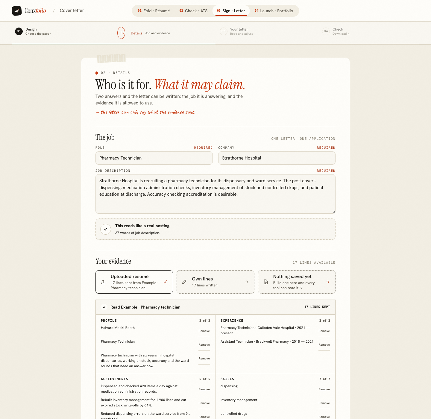 The Conxfolio cover letter builder on step 02 Details, opened by this page's own door, with the role Pharmacy Technician, the company Strathorne Hospital, the posting and the four evidence groups loaded