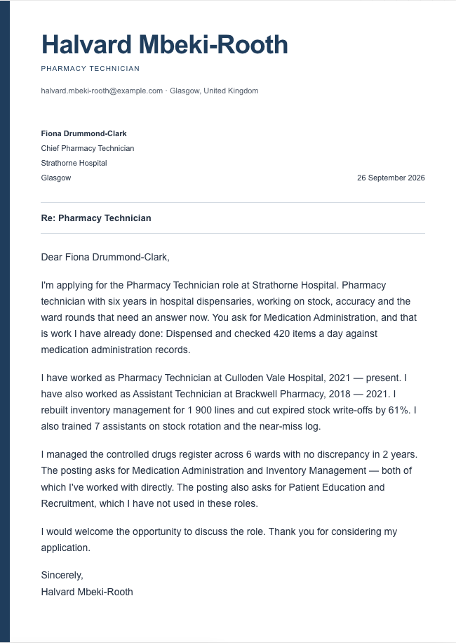 The finished cover letter in the letter builder in the Signal design: sender block, date, recipient block, subject line, salutation, four paragraphs and a sign-off