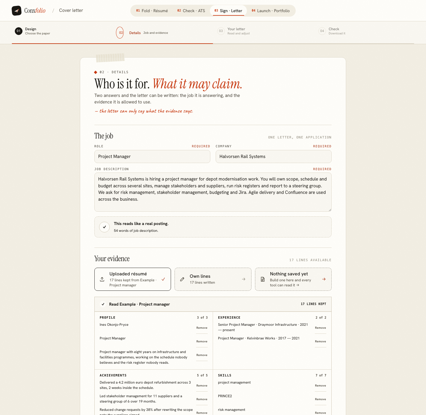 The Conxfolio cover letter builder on step 02 Details, opened by this page's own door, with the role Project Manager, the company Halvorsen Rail Systems, the posting and the four evidence groups loaded