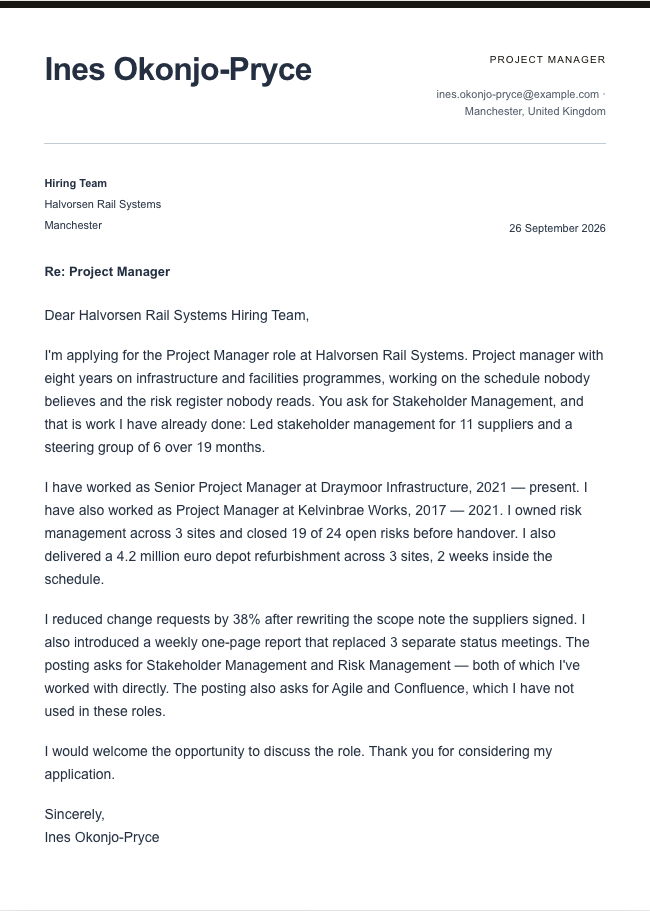 The finished cover letter in the letter builder in the Modern design: sender block, date, recipient block, subject line, salutation, four paragraphs and a sign-off