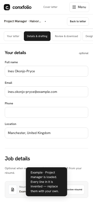 The same Details & drafting section on a 390 pixel phone screen, showing the role, the company and the posting loaded from the example