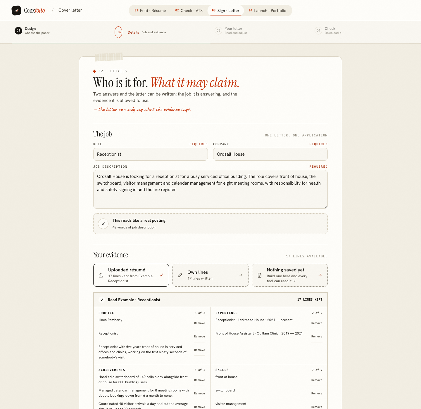 The Conxfolio cover letter builder on step 02 Details, opened by this page's own door, with the role Receptionist, the company Ordsall House, the posting and the four evidence groups loaded