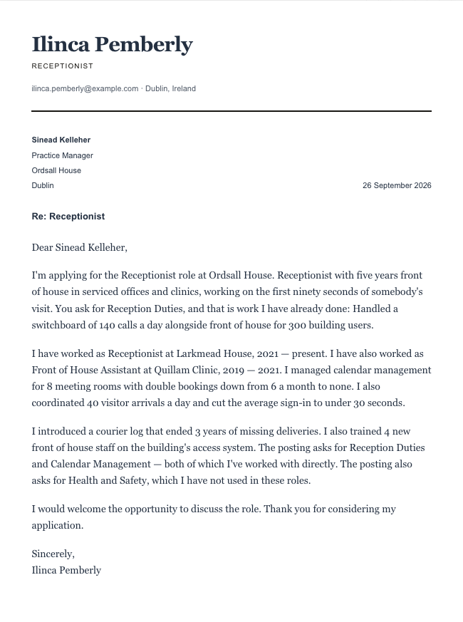 The finished cover letter in the letter builder in the Classic design: sender block, date, recipient block, subject line, salutation, four paragraphs and a sign-off