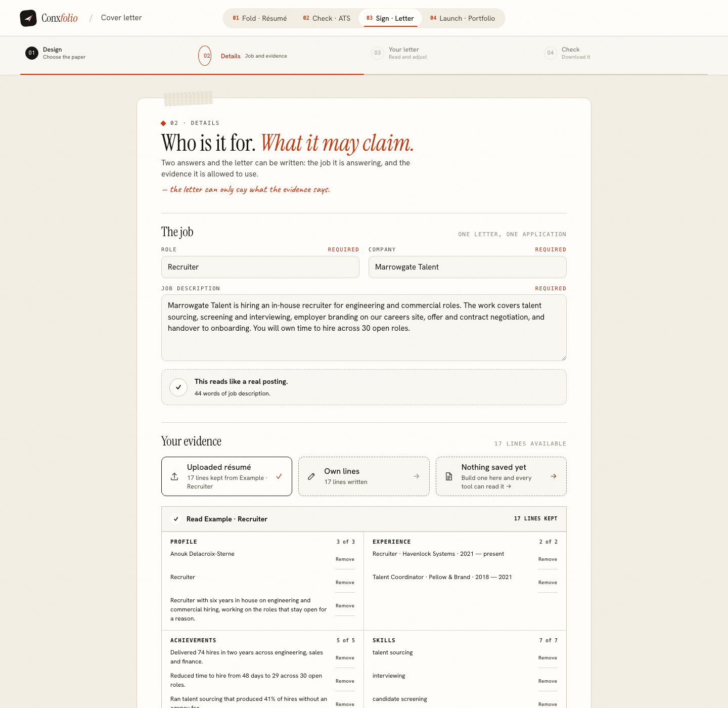 The Conxfolio cover letter builder on step 02 Details, opened by this page's own door, with the role Recruiter, the company Marrowgate Talent, the posting and the four evidence groups loaded