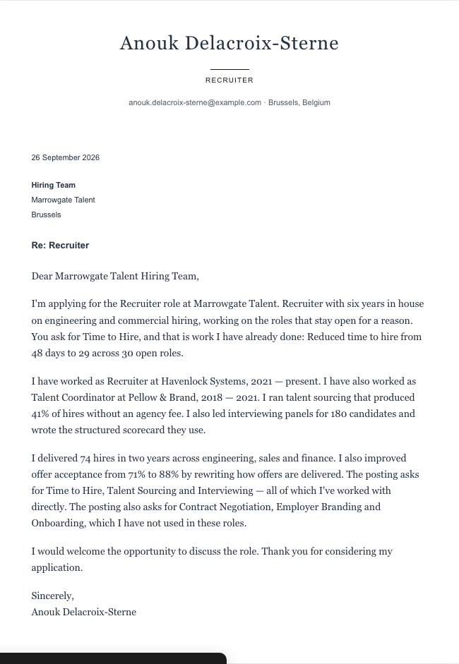 The finished cover letter in the letter builder in the Formal design: sender block, date, recipient block, subject line, salutation, four paragraphs and a sign-off