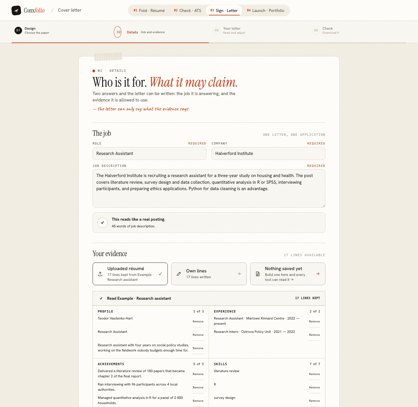The Conxfolio cover letter builder on step 02 Details, opened by this page's own door, with the role Research Assistant, the company Halverford Institute, the posting and the four evidence groups loaded