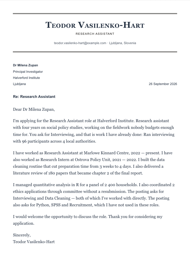 The finished cover letter in the letter builder in the Academic design: sender block, date, recipient block, subject line, salutation, four paragraphs and a sign-off