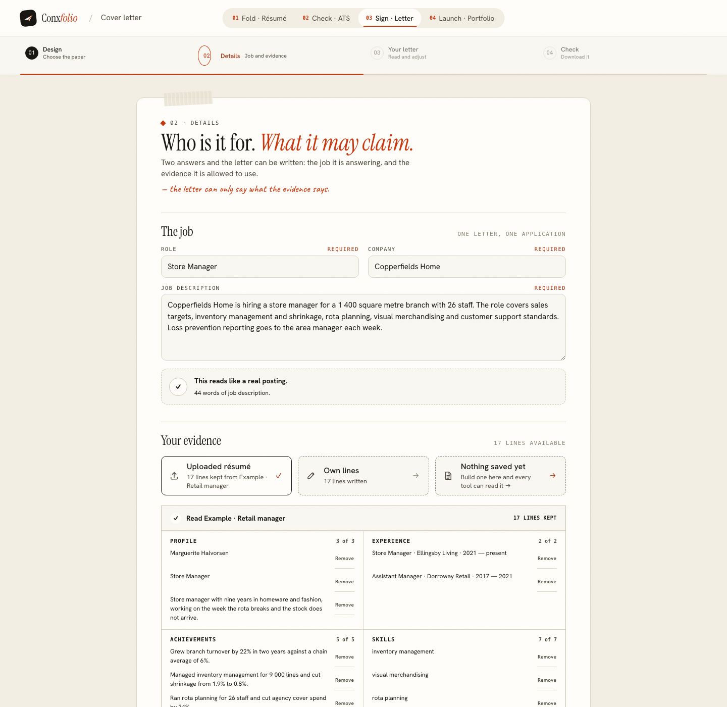 The Conxfolio cover letter builder on step 02 Details, opened by this page's own door, with the role Store Manager, the company Copperfields Home, the posting and the four evidence groups loaded