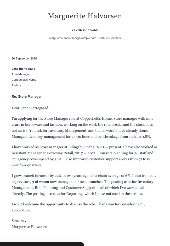 The finished cover letter in the letter builder in the Formal design: sender block, date, recipient block, subject line, salutation, four paragraphs and a sign-off
