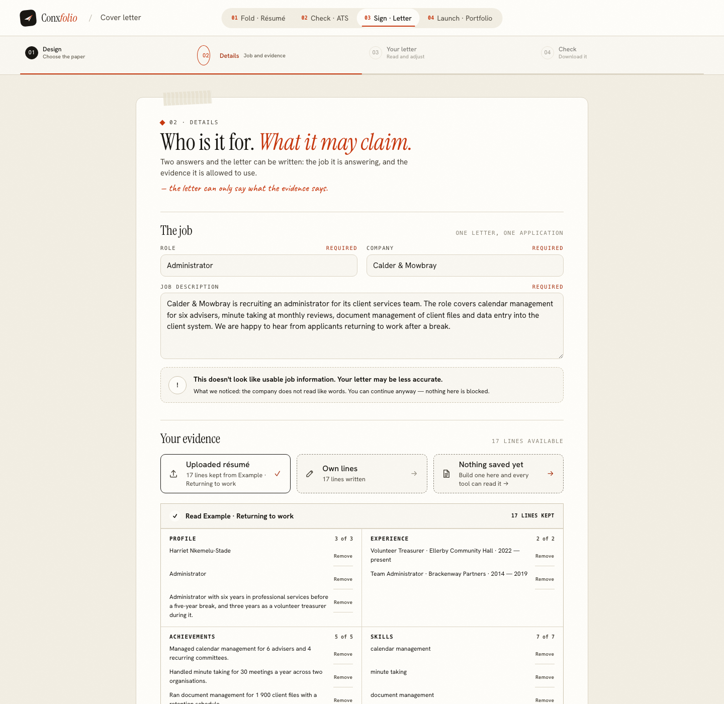 The Conxfolio cover letter builder on step 02 Details, opened by this page's own door, with the role Administrator, the company Calder & Mowbray, the posting and the four evidence groups loaded