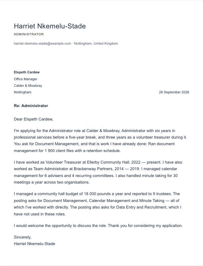 The finished cover letter in the letter builder in the Minimal design: sender block, date, recipient block, subject line, salutation, four paragraphs and a sign-off
