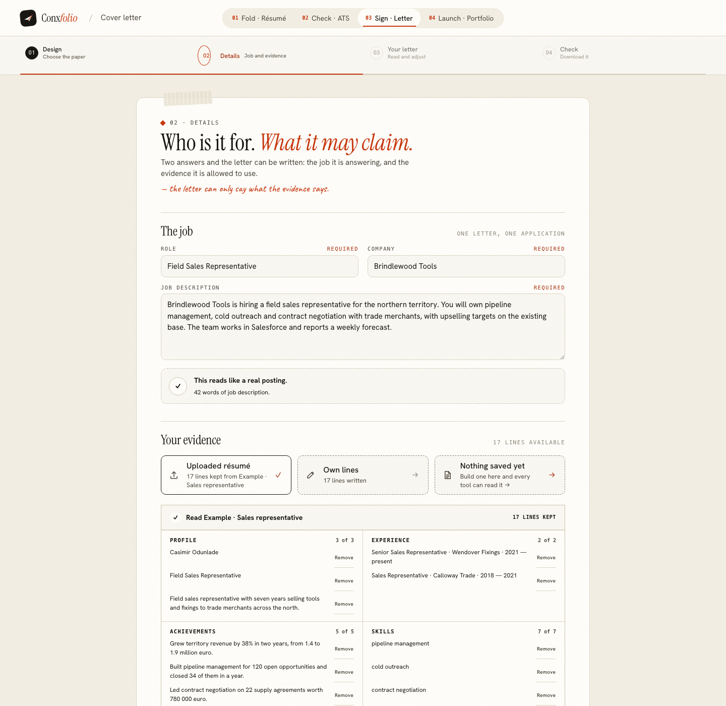 The Conxfolio cover letter builder on step 02 Details, opened by this page's own door, with the role Field Sales Representative, the company Brindlewood Tools, the posting and the four evidence groups loaded