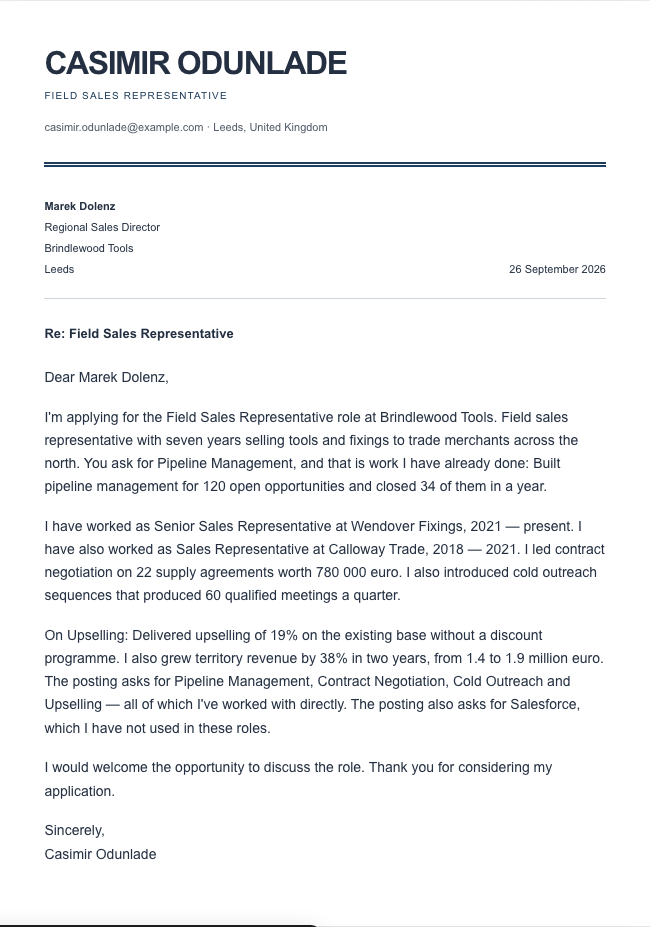 The finished cover letter in the letter builder in the Ledger design: sender block, date, recipient block, subject line, salutation, four paragraphs and a sign-off