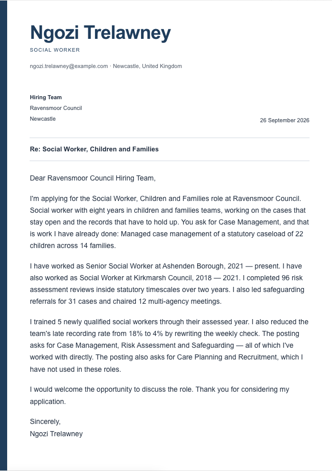 The finished cover letter in the letter builder in the Signal design: sender block, date, recipient block, subject line, salutation, four paragraphs and a sign-off