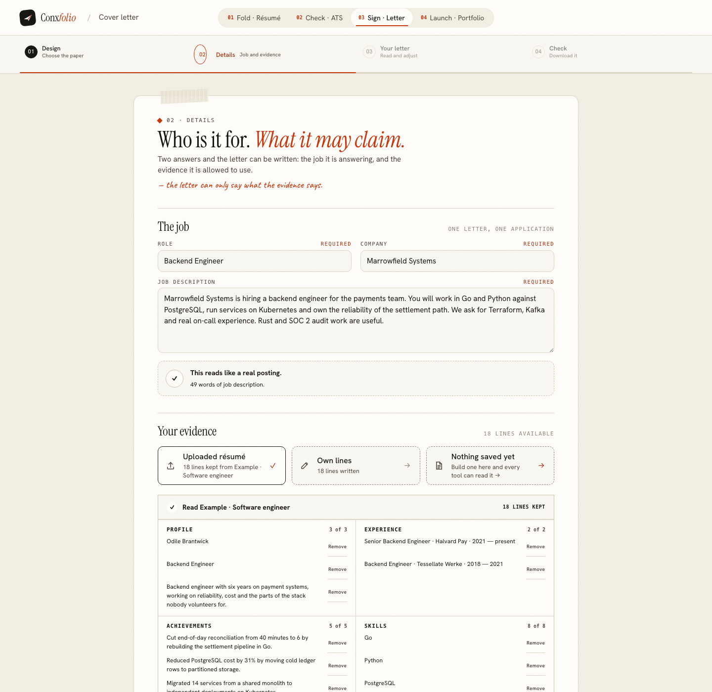 The Conxfolio cover letter builder on step 02 Details, opened by this page's own door, with the role Backend Engineer, the company Marrowfield Systems, the posting and the four evidence groups loaded