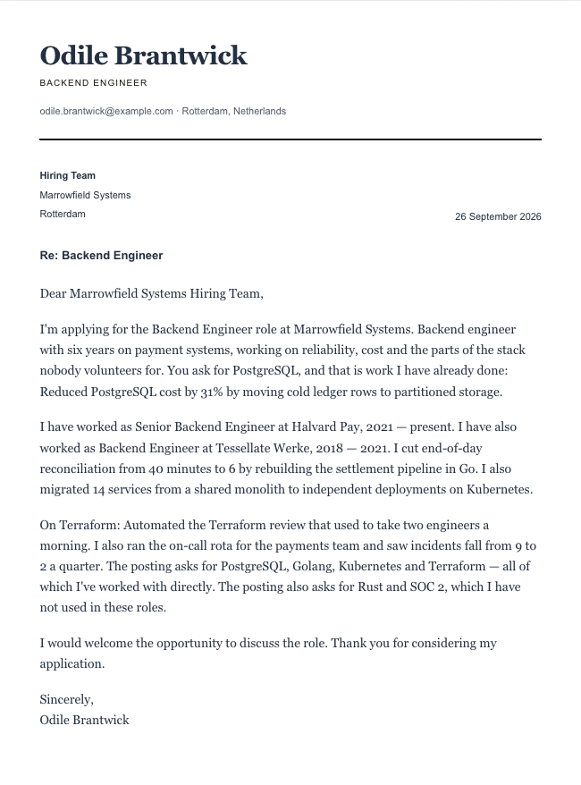 The finished cover letter in the letter builder in the Classic design: sender block, date, recipient block, subject line, salutation, four paragraphs and a sign-off