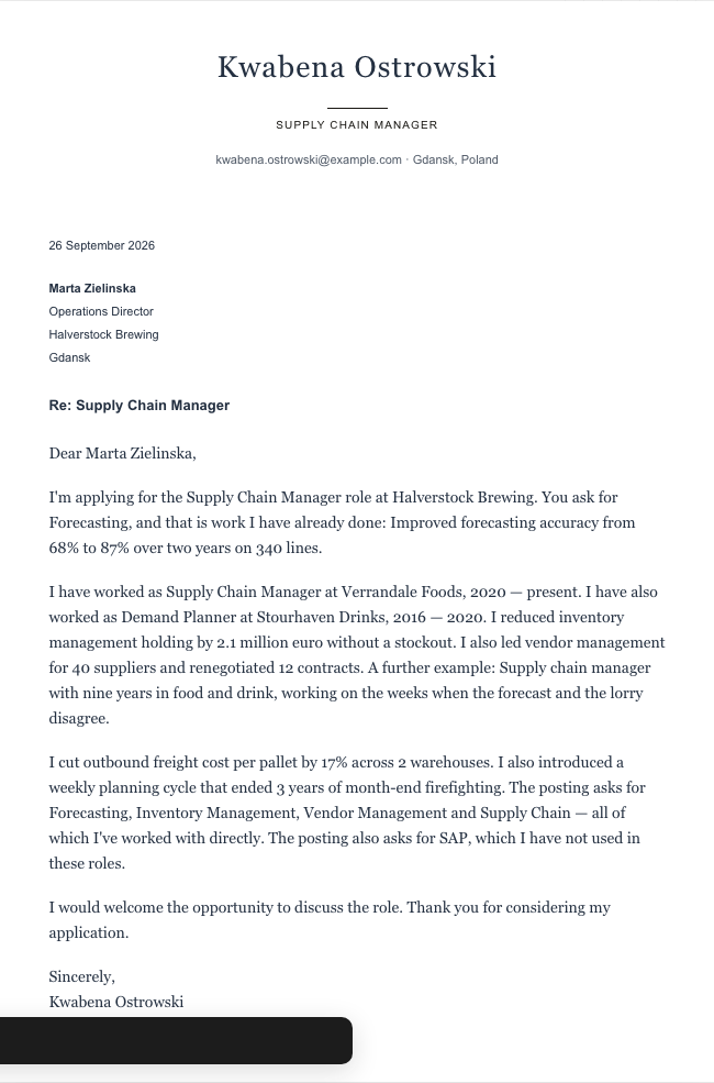 The finished cover letter in the letter builder in the Formal design: sender block, date, recipient block, subject line, salutation, four paragraphs and a sign-off