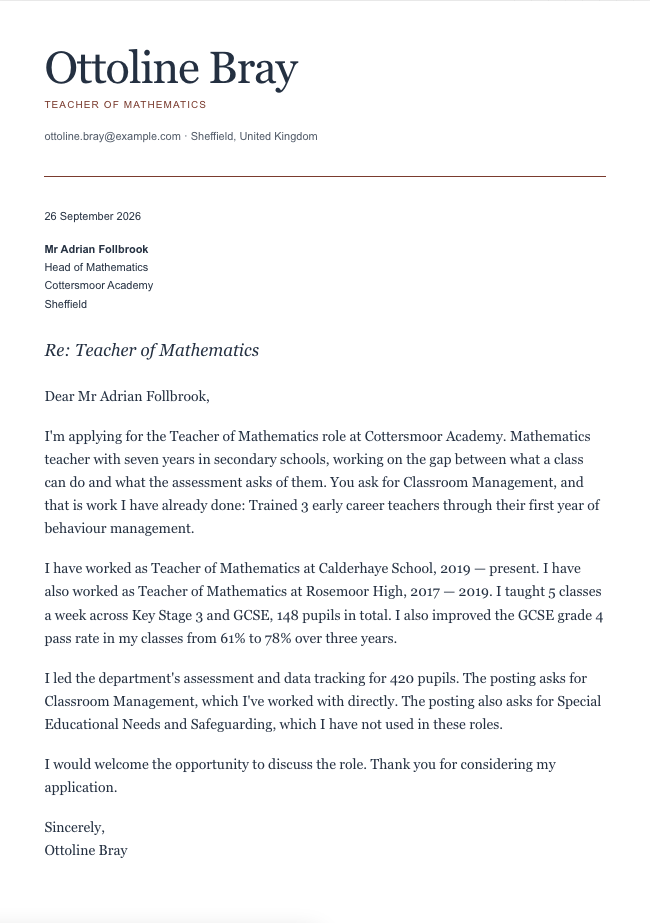 The finished cover letter in the letter builder in the Editorial design: sender block, date, recipient block, subject line, salutation, four paragraphs and a sign-off