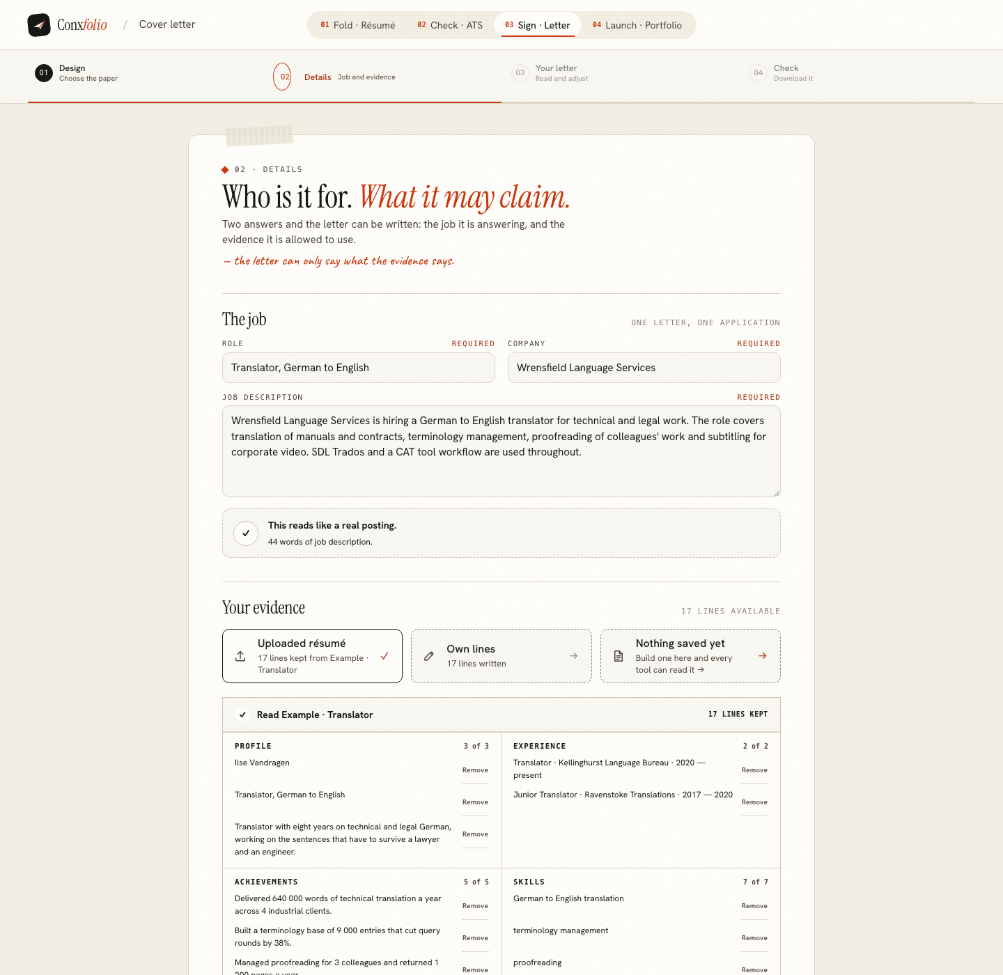 The Conxfolio cover letter builder on step 02 Details, opened by this page's own door, with the role Translator, German to English, the company Wrensfield Language Services, the posting and the four evidence groups loaded
