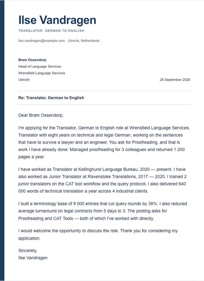 The finished cover letter in the letter builder in the Signal design: sender block, date, recipient block, subject line, salutation, four paragraphs and a sign-off