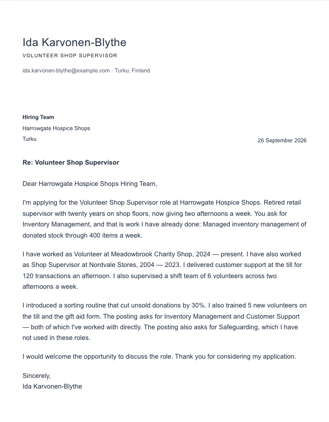 The finished cover letter in the letter builder in the Minimal design: sender block, date, recipient block, subject line, salutation, four paragraphs and a sign-off