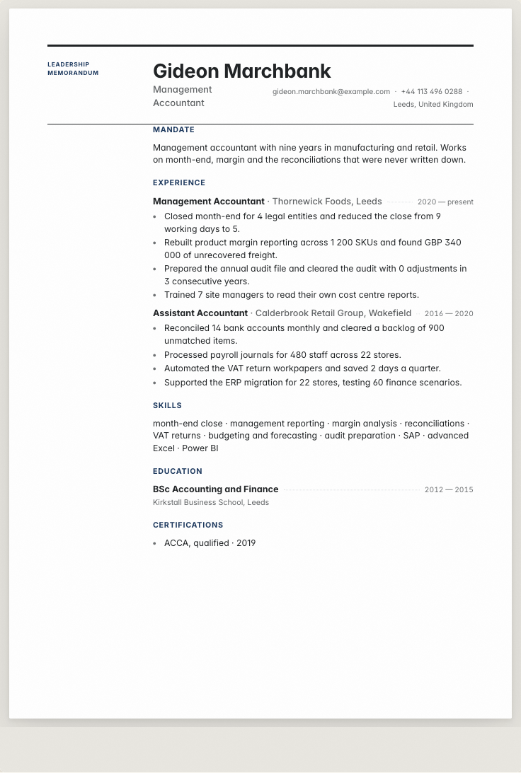 The accountant example résumé drawn as a complete page in the Leaders design: name, summary, the roles with their bullet lines, education and a skills row