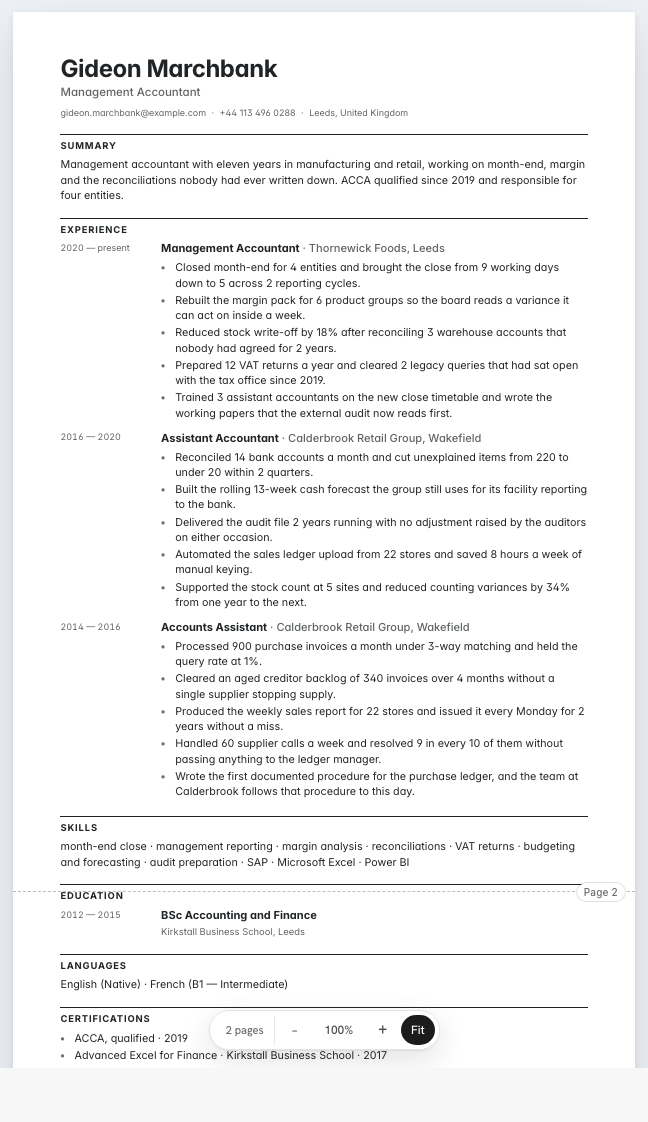 The accountant example résumé drawn as a complete page in the Ledger design: name, summary, three dated roles with five bullet lines each, education and a skills row