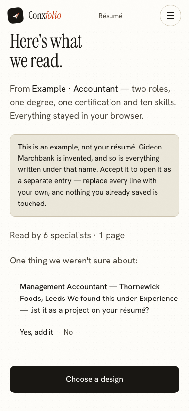 The same import review on a 390 pixel phone screen, with the example notice above the accept button